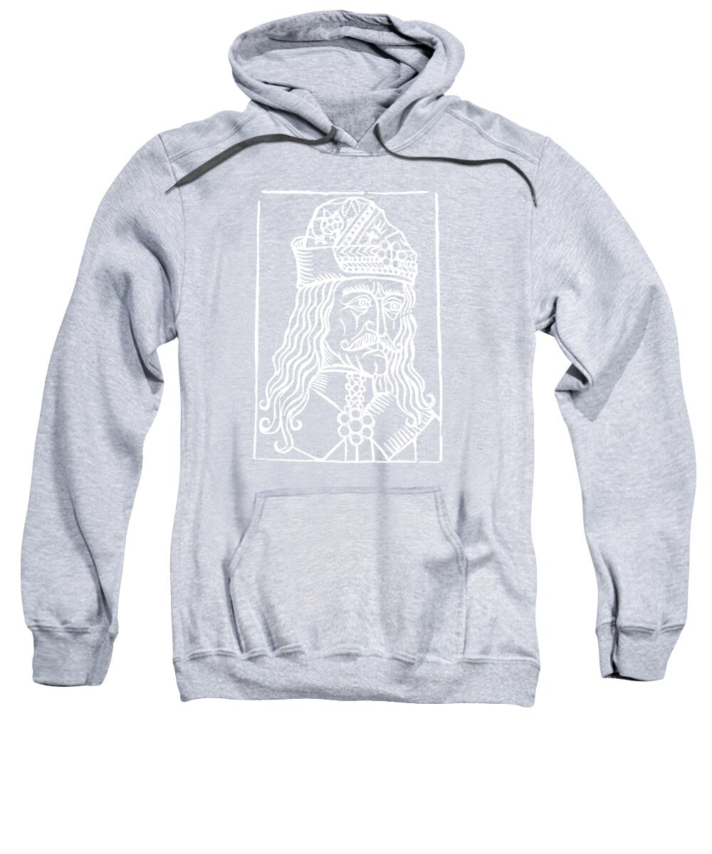 Heather gray hoodie sweatshirt with white woodcut-style Dracula graphic on chest.