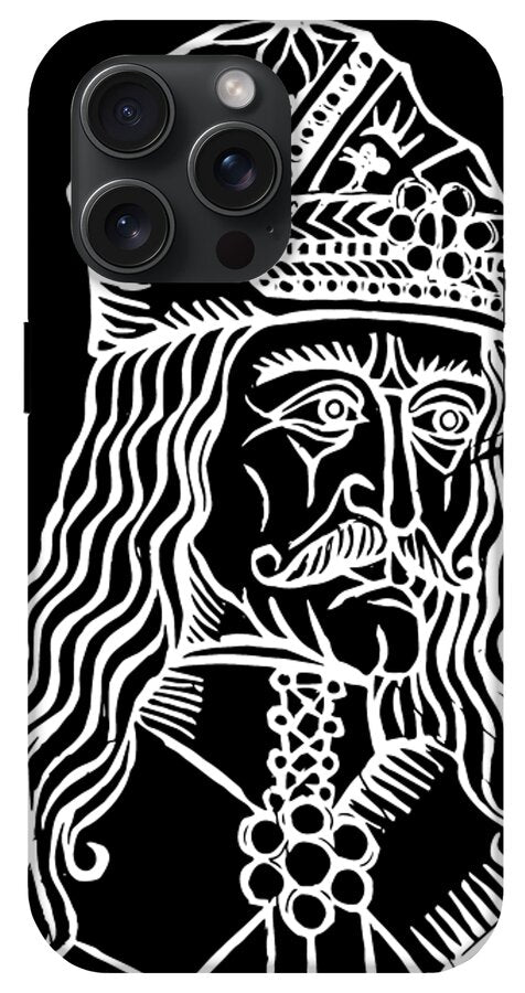 Black phone case with white woodcut-style Dracula portrait and ornate headpiece