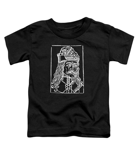 Toddler black t-shirt with white square woodcut-style Dracula face graphic