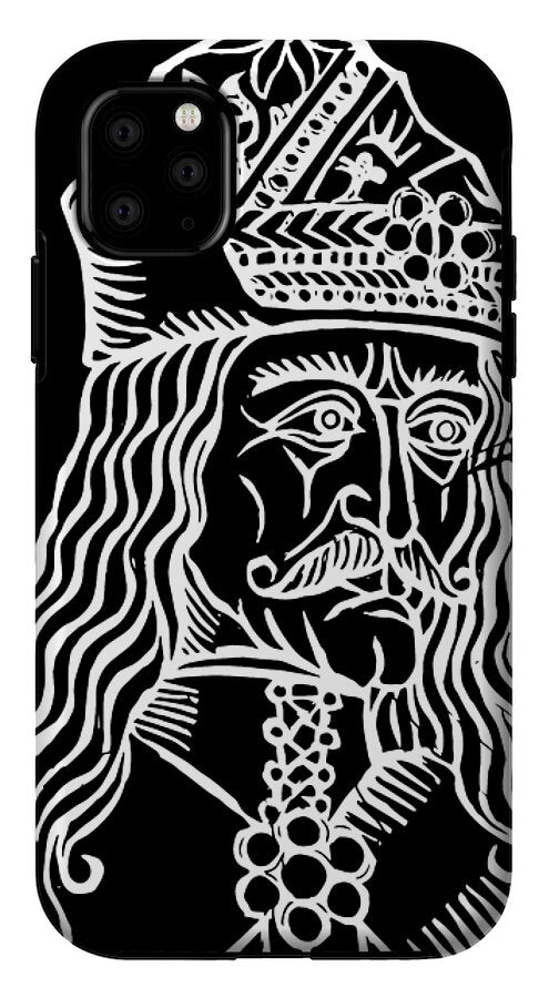 Black phone case with white woodcut Dracula face and patterned crown, triple camera cutouts