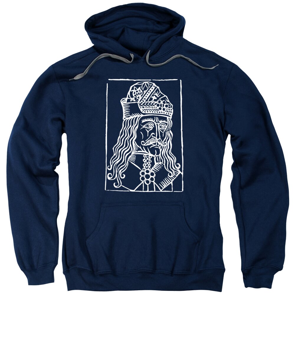 Navy hoodie sweatshirt with white woodcut-style Dracula graphic on chest.