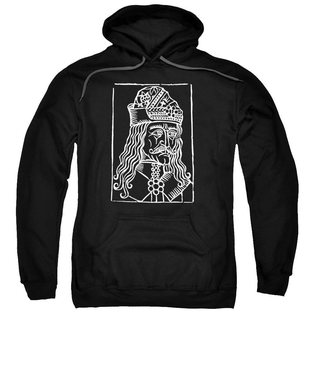 Black hoodie sweatshirt with white woodcut-style Dracula graphic on chest.