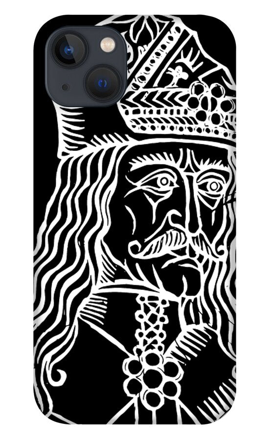 Black phone case with white woodcut-style bearded Vlad portrait and swirling details