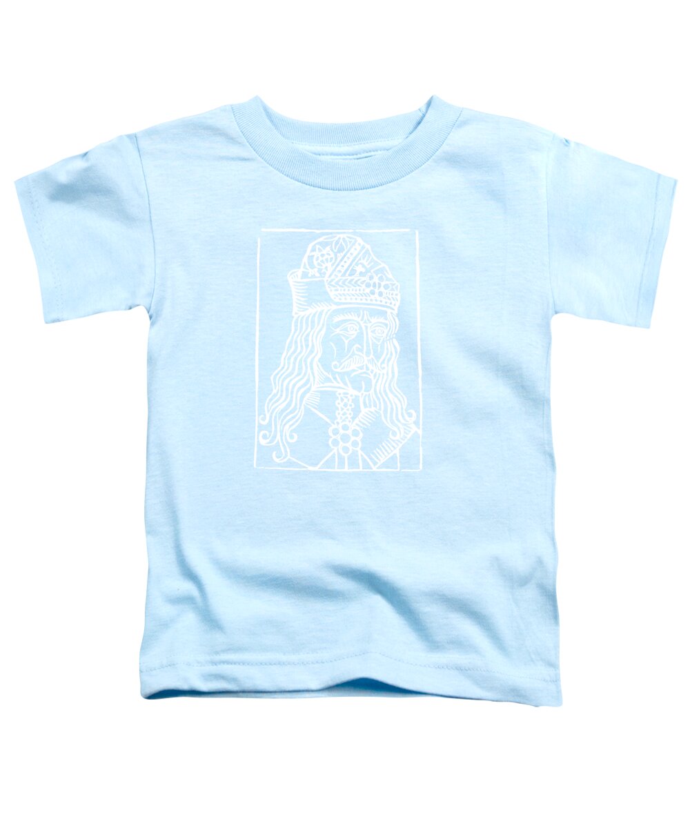 Toddler light blue t-shirt with white square woodcut-style Dracula face graphic