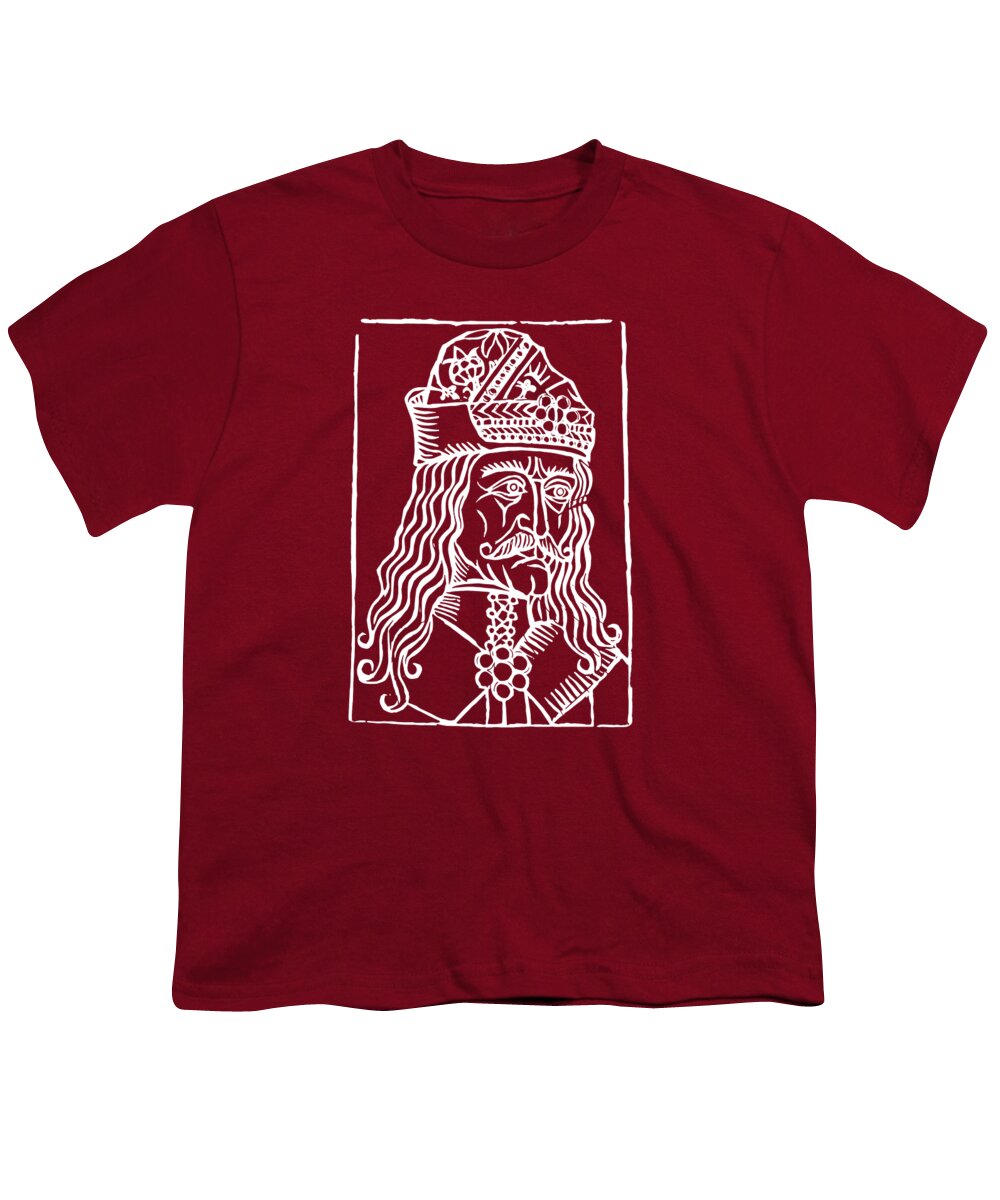 Youth T-shirt, cardinal red with white Dracula woodcut face graphic in a rectangular frame