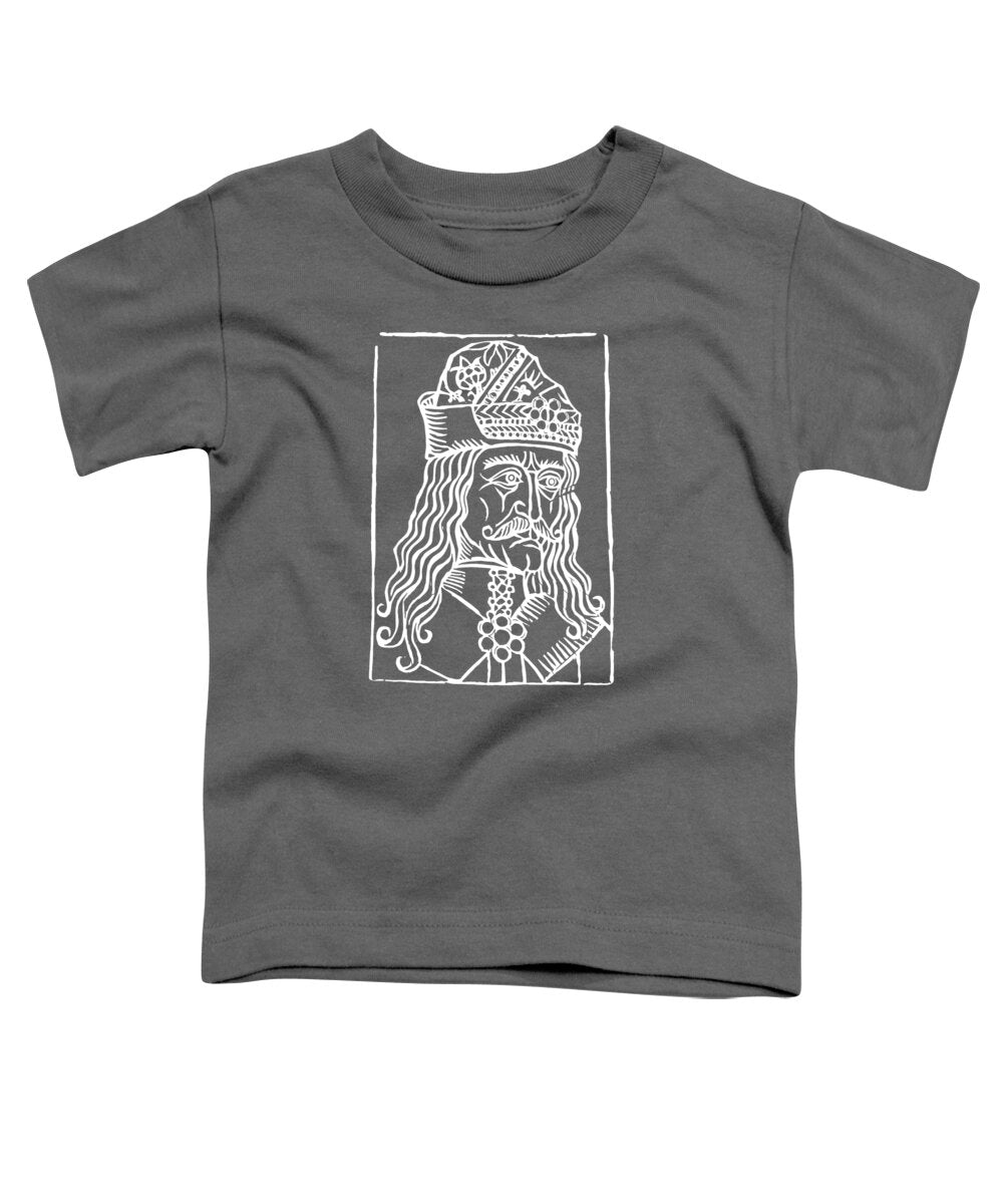 Toddler charcoal gray t-shirt with white square woodcut-style Dracula face graphic