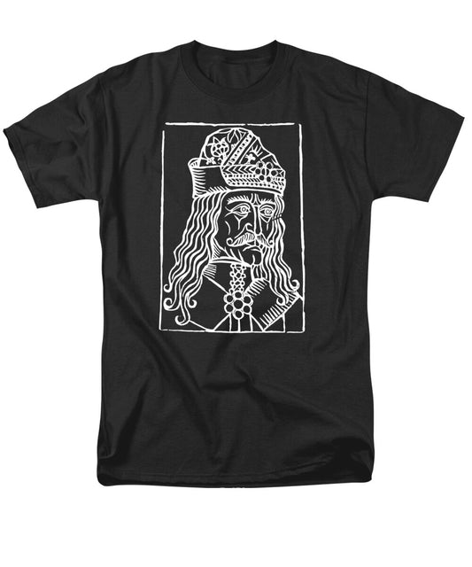 Men's black T-shirt with white rectangular Dracula woodcut graphic on chest
