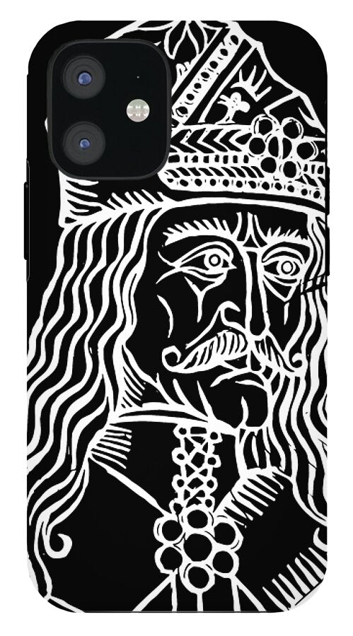Black phone case with white woodcut-style Dracula portrait and ornate cross, dual camera cutout