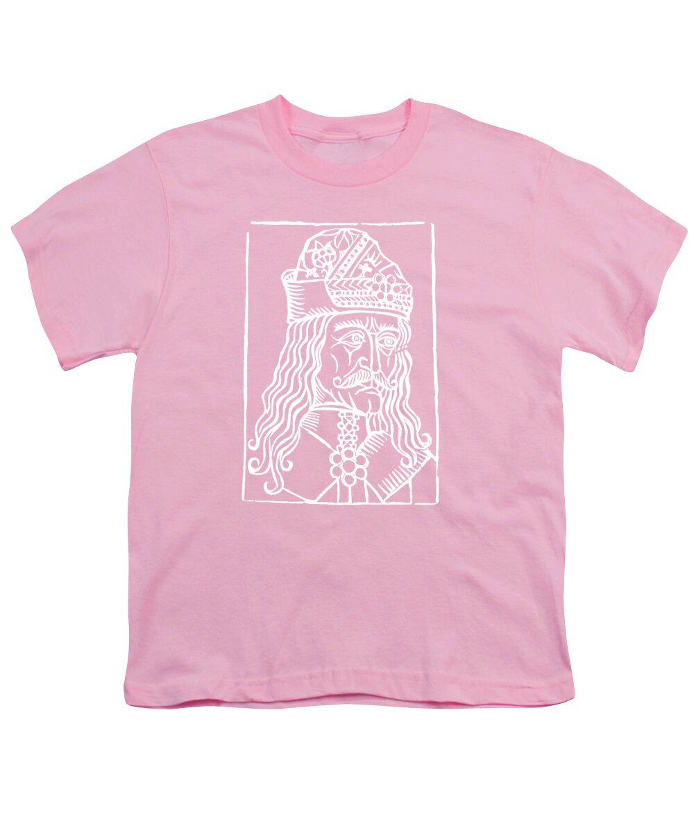 Youth T-shirt, pink, crew neck, white woodcut-style Dracula portrait print in square