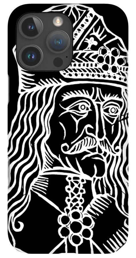 Phone case with black back and white woodcut-style Dracula face; camera cutout visible.