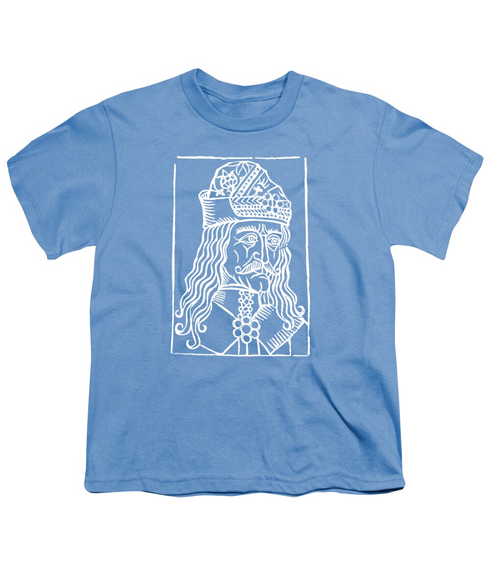 Youth T-shirt, light blue with white Dracula woodcut face graphic in a rectangular frame