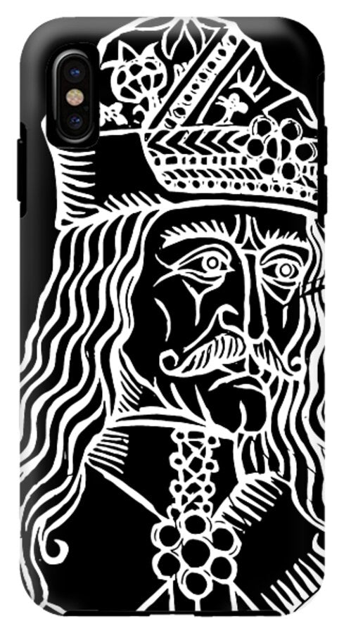 Black phone case with white woodcut Dracula face, ornate crown, and vertical camera cutout.