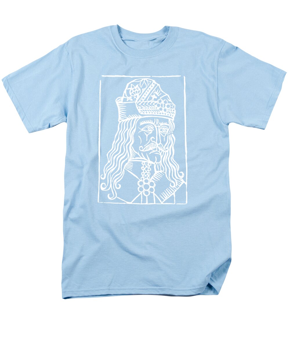 Men's graphic T-shirt in light blue with white woodcut-style Dracula portrait print