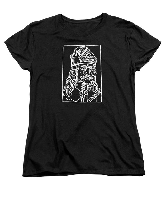 Black women's t-shirt with white Dracula woodcut graphic on front, standard fit