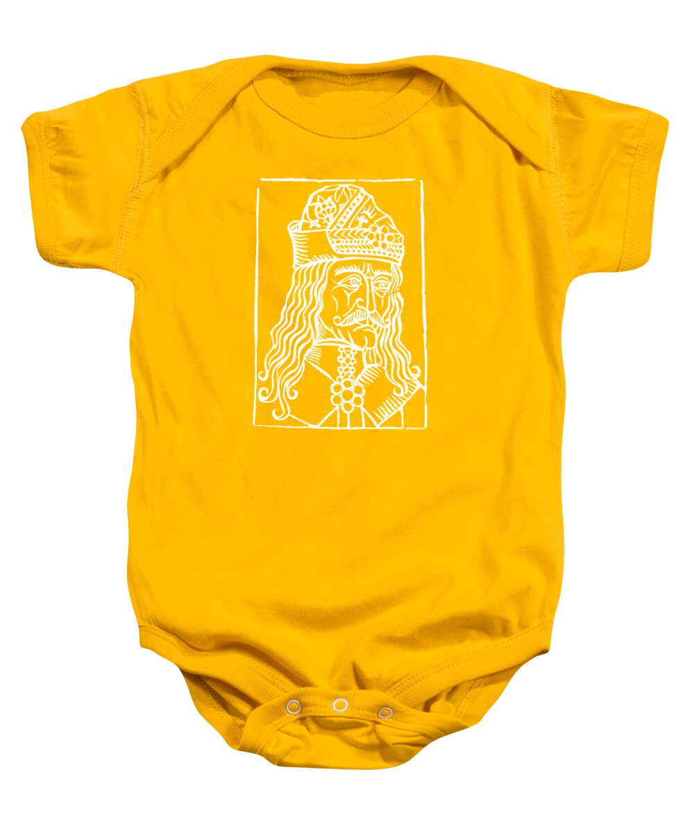 Gold/yellow baby onesie with white Dracula woodcut graphic; short sleeves; snap buttons.