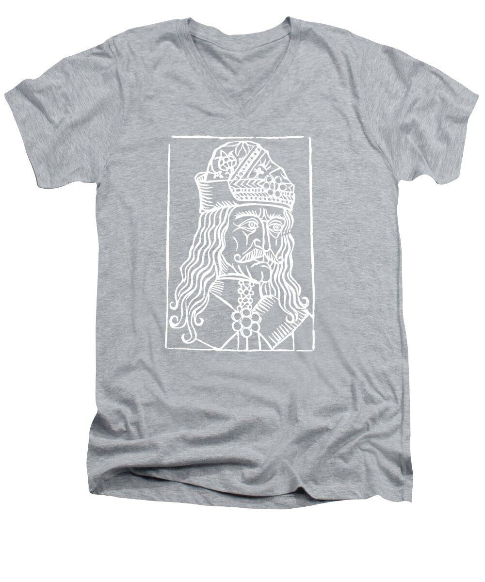 Men's heather gray V-neck T-shirt with Dracula woodcut graphic print