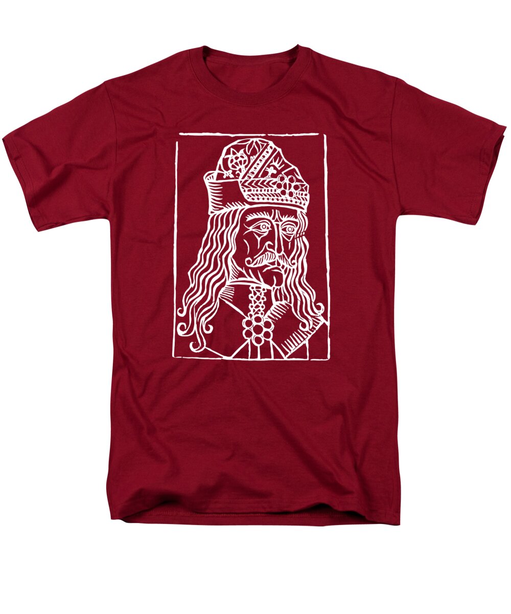 Men's red T-shirt with white rectangular Dracula woodcut graphic on chest