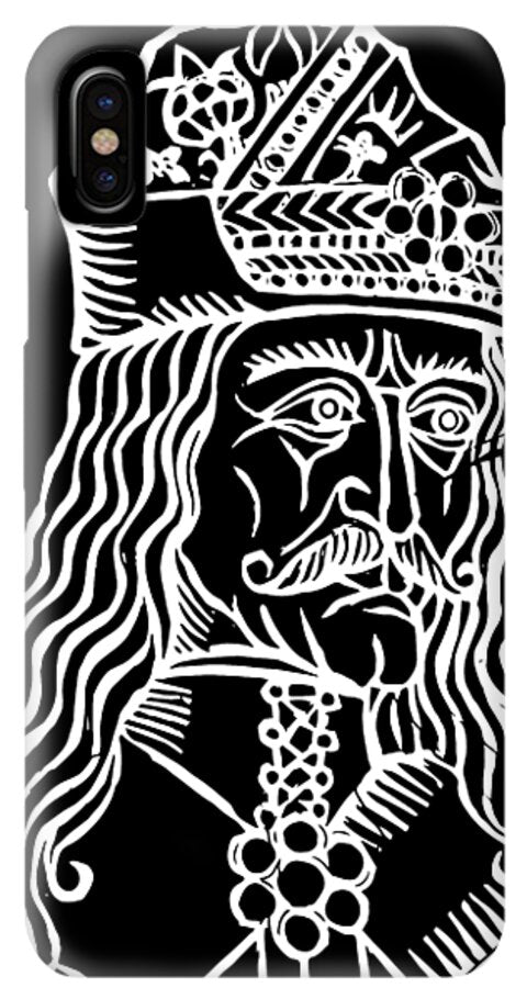 Clear-backed phone case with white woodcut Dracula portrait and ornate cross, camera cutouts
