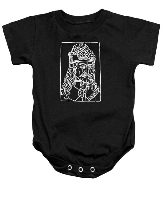 Black baby onesie with long-sleeve? no, short-sleeve; white Dracula woodcut graphic; snap buttons.