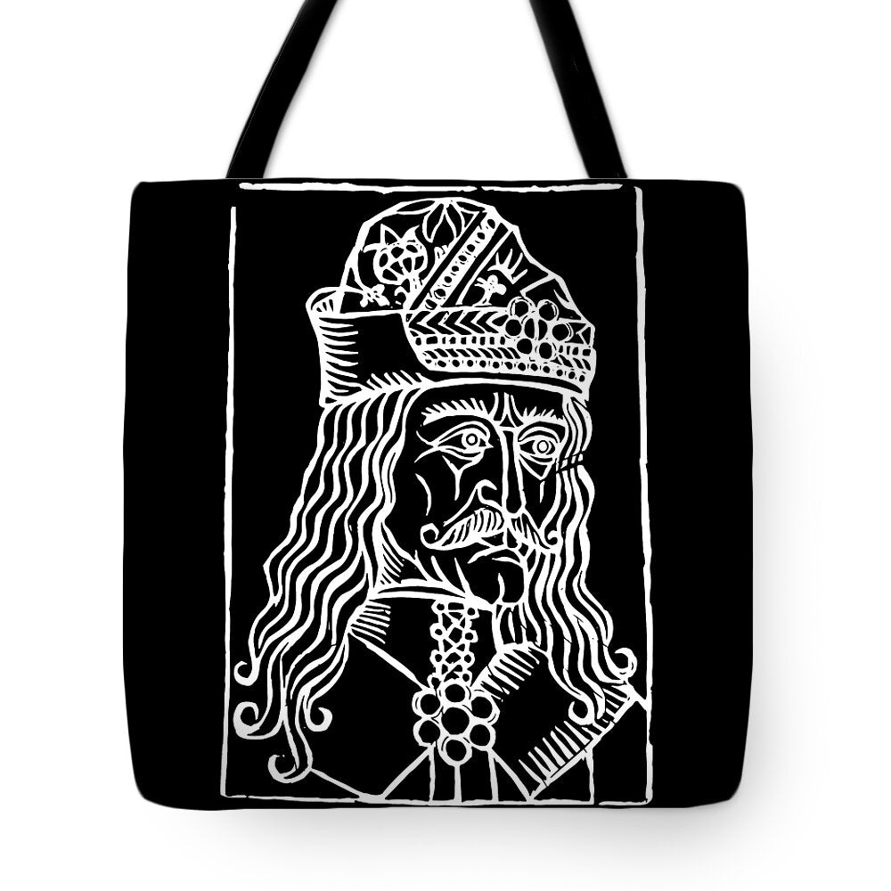 Black tote bag with white woodcut face portrait and flowing hair illustration