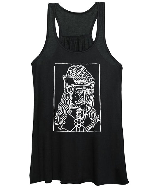 Women's tank top, black with white woodcut-style Dracula portrait graphic in square