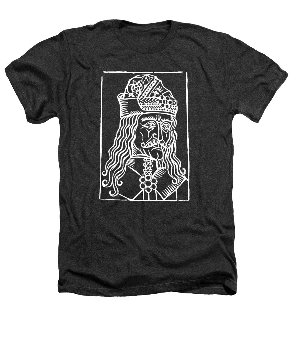 Charcoal heather T-shirt with white Dracula woodcut portrait graphic