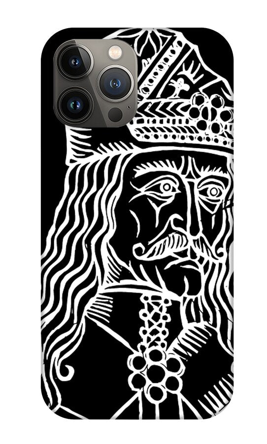 Gray phone case with white woodcut-style bearded Vlad portrait and striped hair