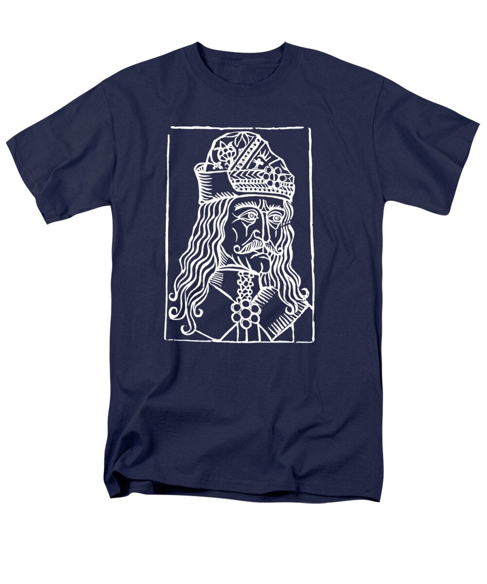 Men's graphic T-shirt in navy with white woodcut-style Dracula portrait print