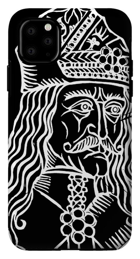Black phone case with white woodcut Dracula face and decorative cross, triple camera cutouts