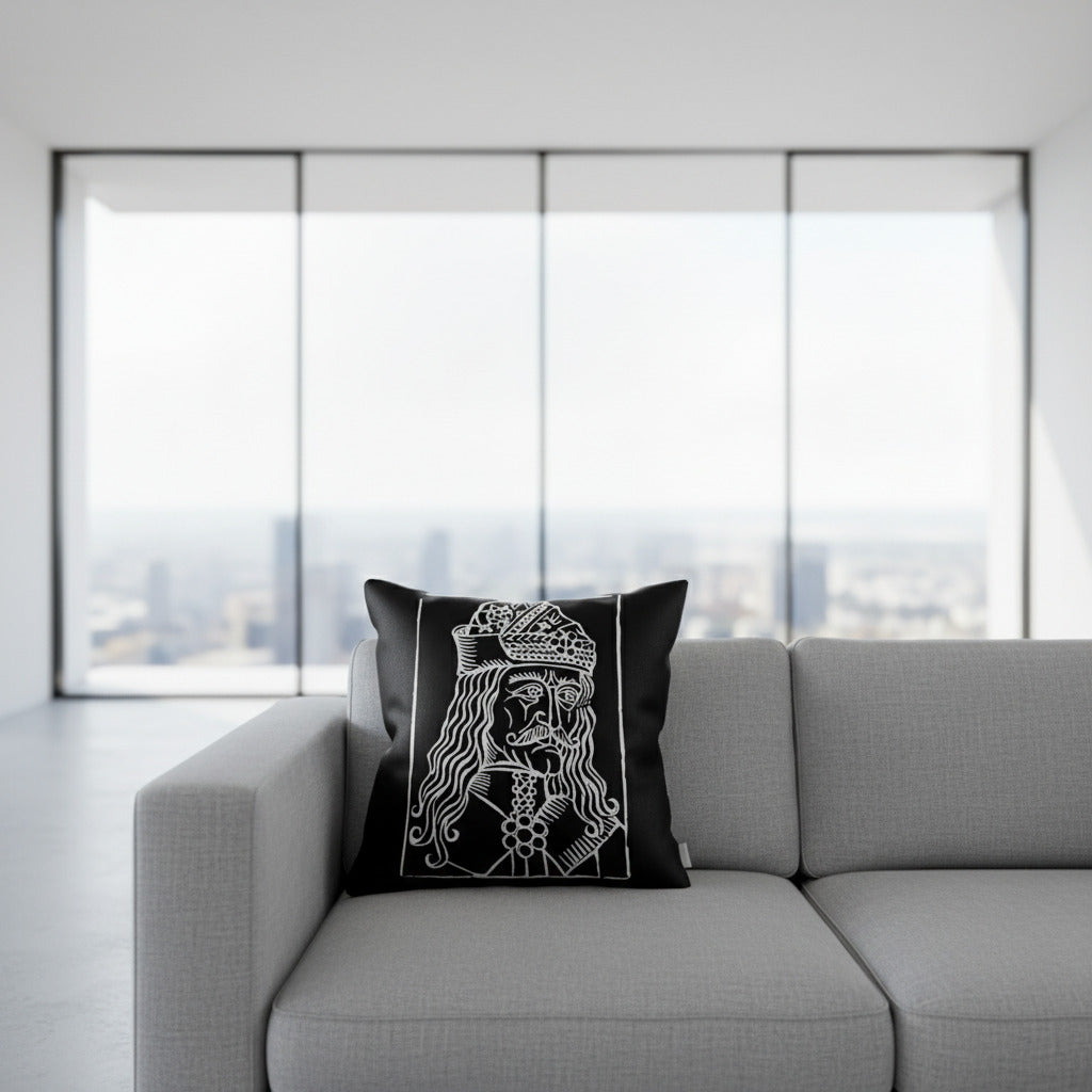 Black throw pillow with a centered white woodcut portrait and vertical frame stripes