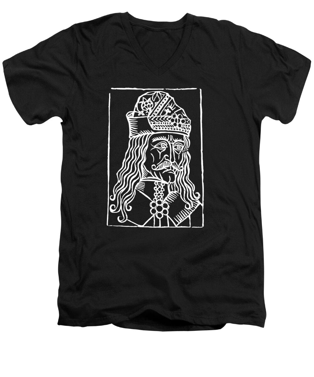 Men's black V-neck T-shirt with Dracula woodcut graphic print