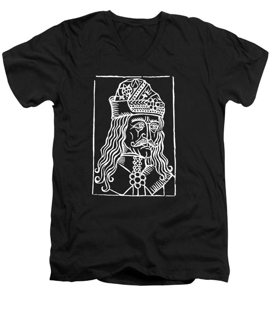 Men's black V-neck T-shirt with Dracula woodcut graphic print