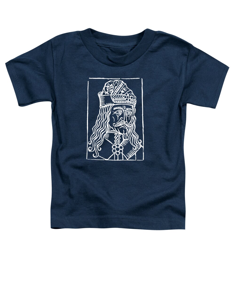Toddler navy t-shirt with white square woodcut-style Dracula face graphic