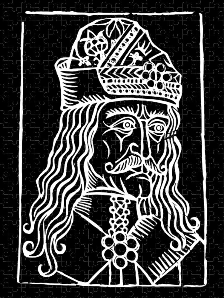 Jigsaw puzzle print of a crowned Dracula woodcut face with ornate collar and flowers