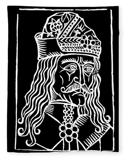Dracula woodcut blanket: black with white face and crown woodcut print, centered