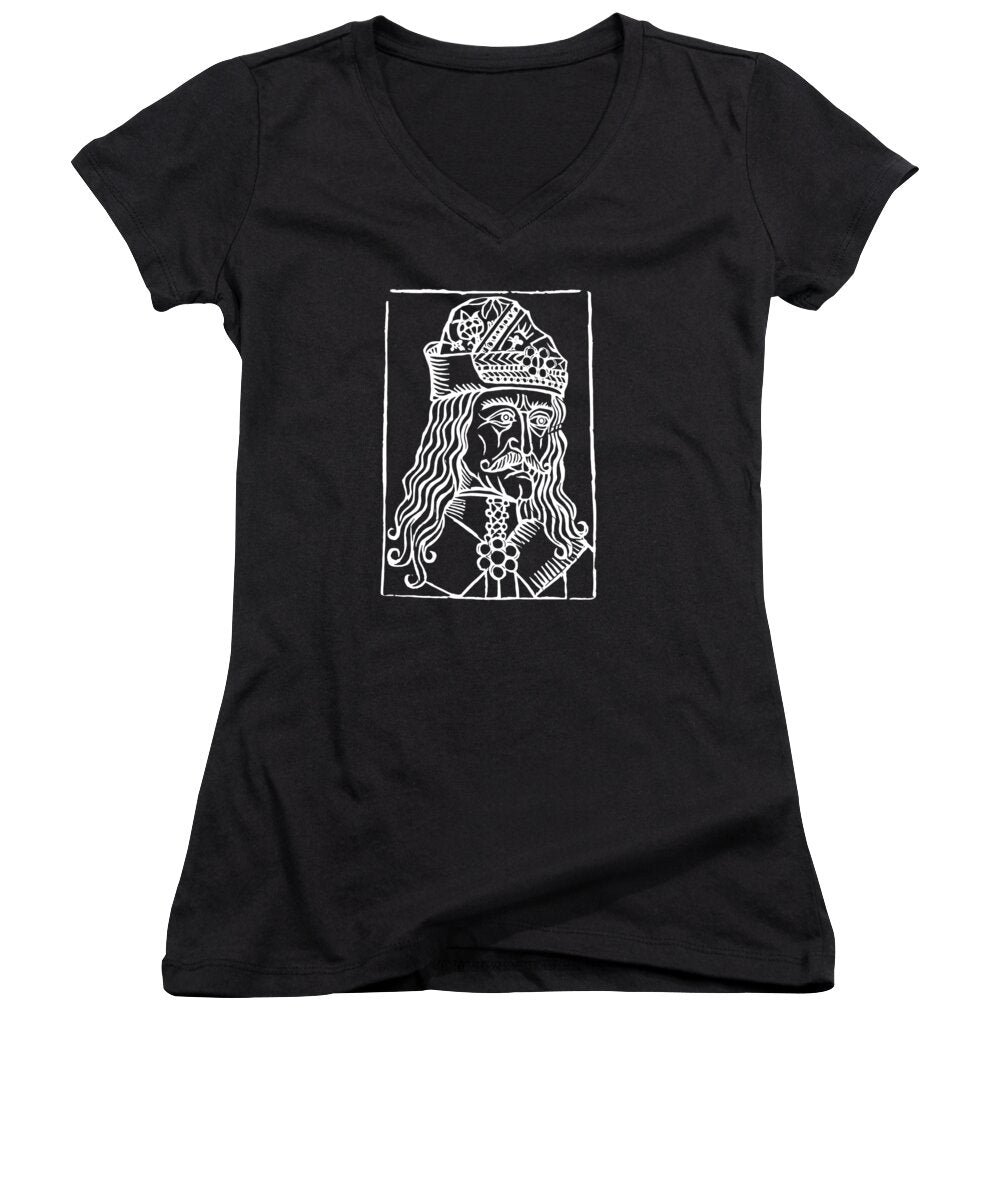 Black women's V-neck T-shirt with white Dracula woodcut-style graphic