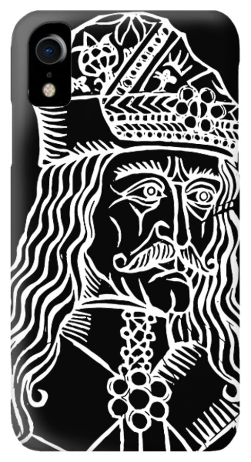Black phone case with white woodcut Dracula face, ornate crown, and camera cutout on left.
