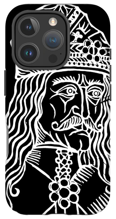 Phone case with black back and white woodcut-style Dracula face and ornate borders.