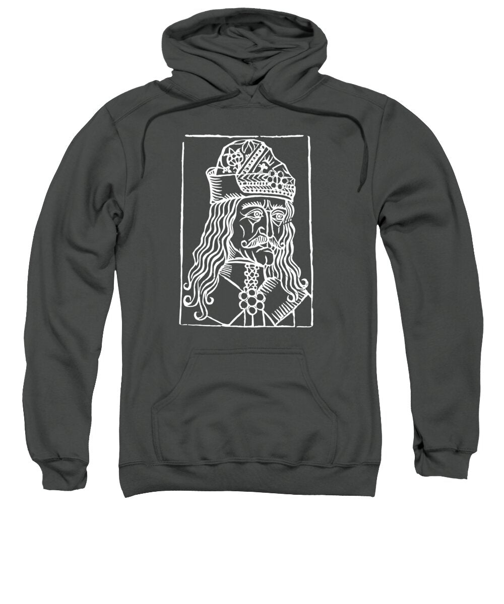 Charcoal hoodie sweatshirt with white woodcut-style Dracula graphic on chest.