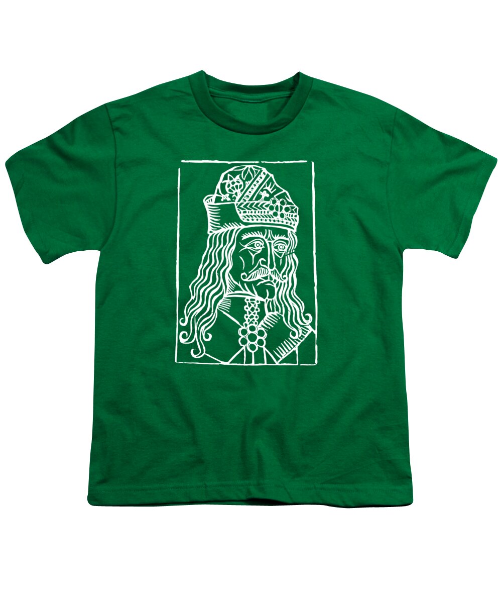 Youth T-shirt, green with white Dracula woodcut face graphic in a rectangular frame