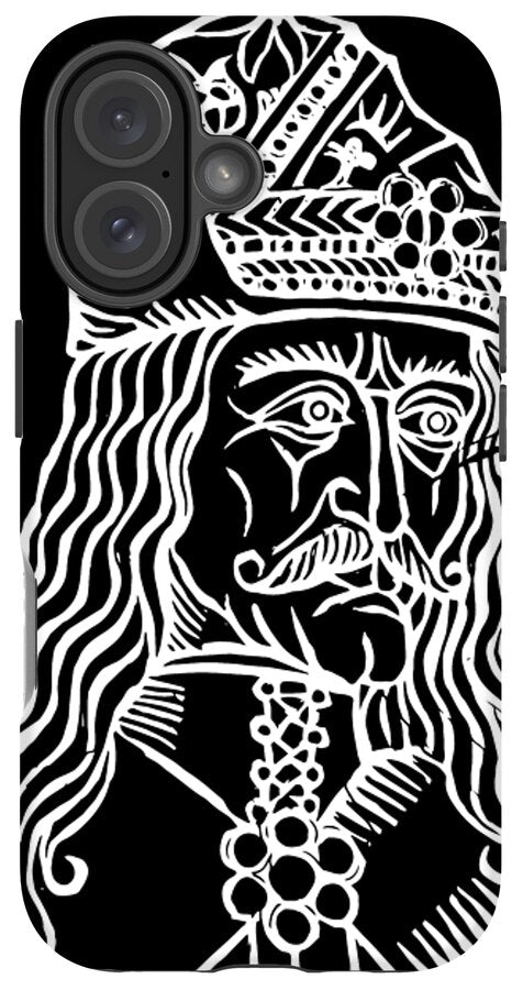 Black phone case with white woodcut Dracula face, ornate crown, and dual camera lens cutouts.