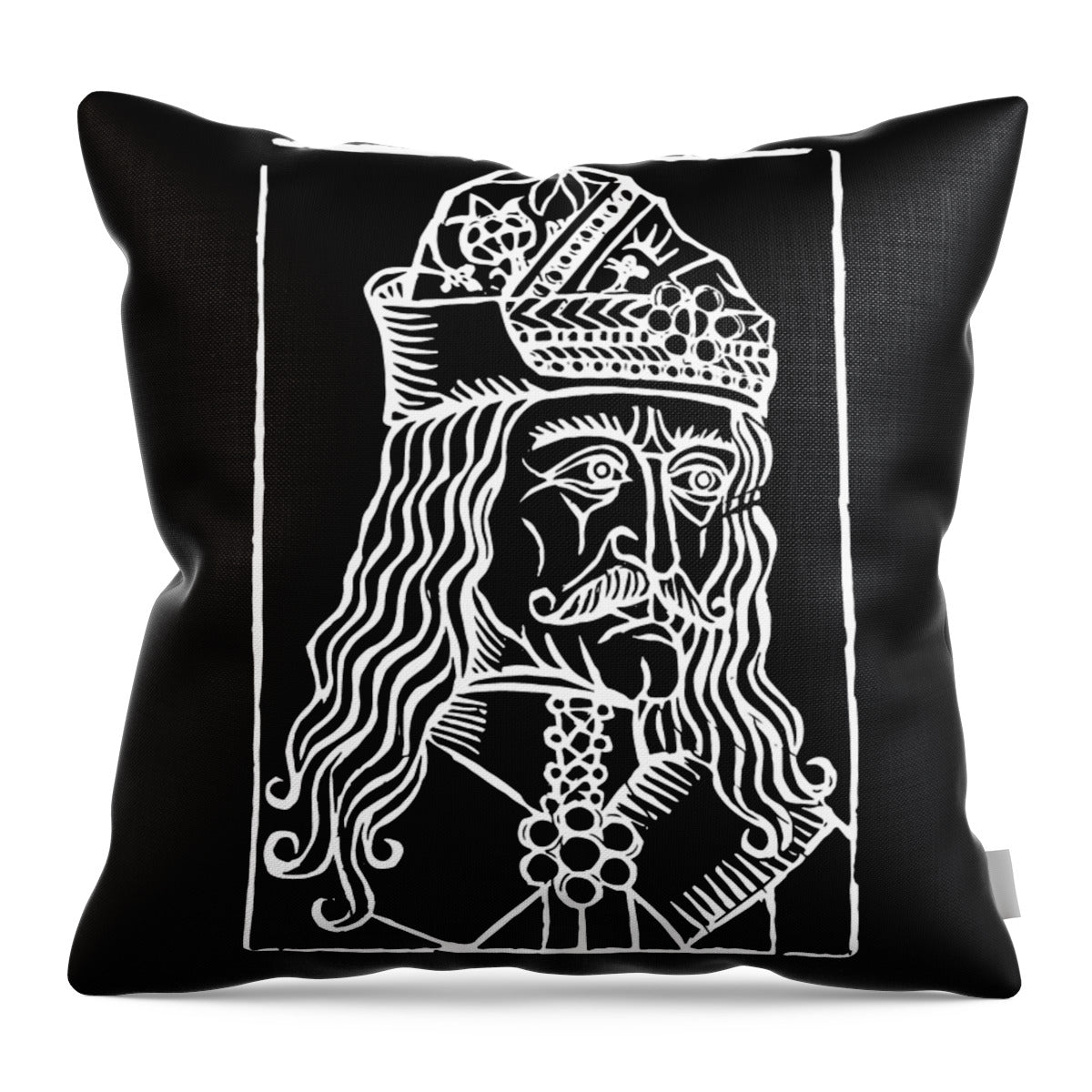 Black throw pillow with centered white woodcut portrait illustration and side stripe border