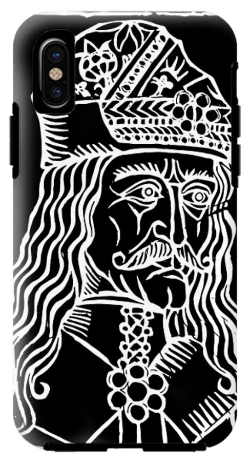 Black phone case with white woodcut Dracula portrait, ornate crown, and vertical camera cutout.