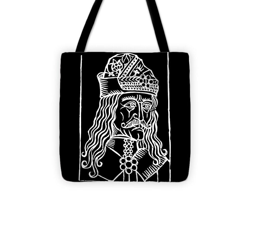 Black tote bag with white woodcut-style portrait, two black shoulder handles