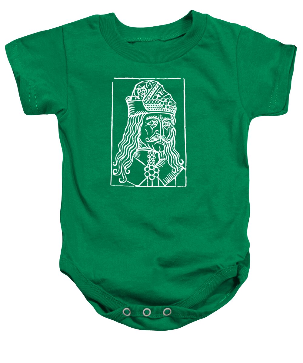 Kelly green baby onesie with white Dracula woodcut graphic; short sleeves; snap buttons.
