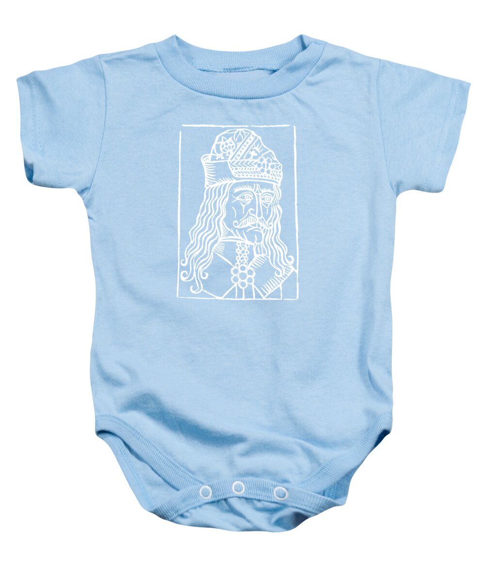 Light blue baby onesie with white Dracula woodcut graphic; short sleeves; snap buttons.