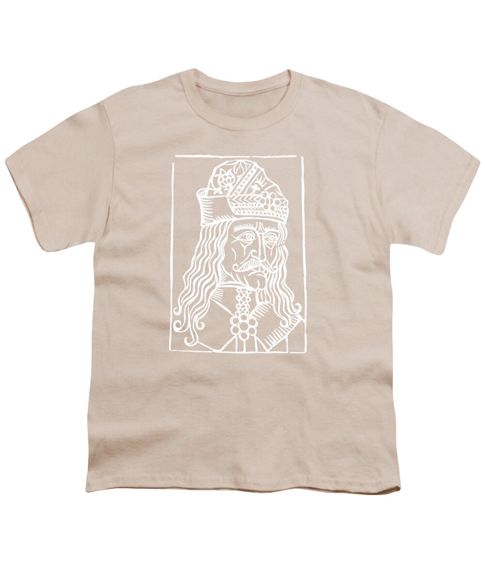 Youth T-shirt, cream with white Dracula woodcut face graphic in a rectangular frame