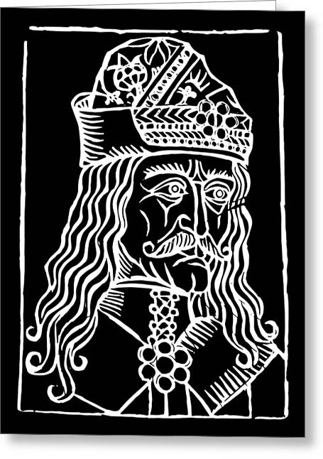 Greeting card with monochrome woodcut-style Dracula portrait, ornate crown and cloak