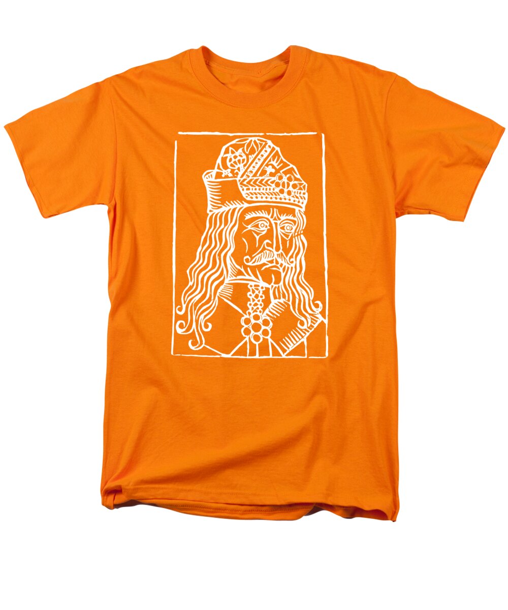 Men's graphic T-shirt in orange with white woodcut-style Dracula portrait print