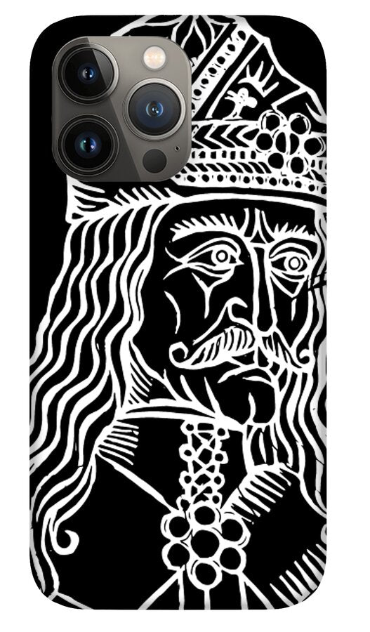 Gray phone case with white woodcut-style Vlad portrait and detailed ornate collar